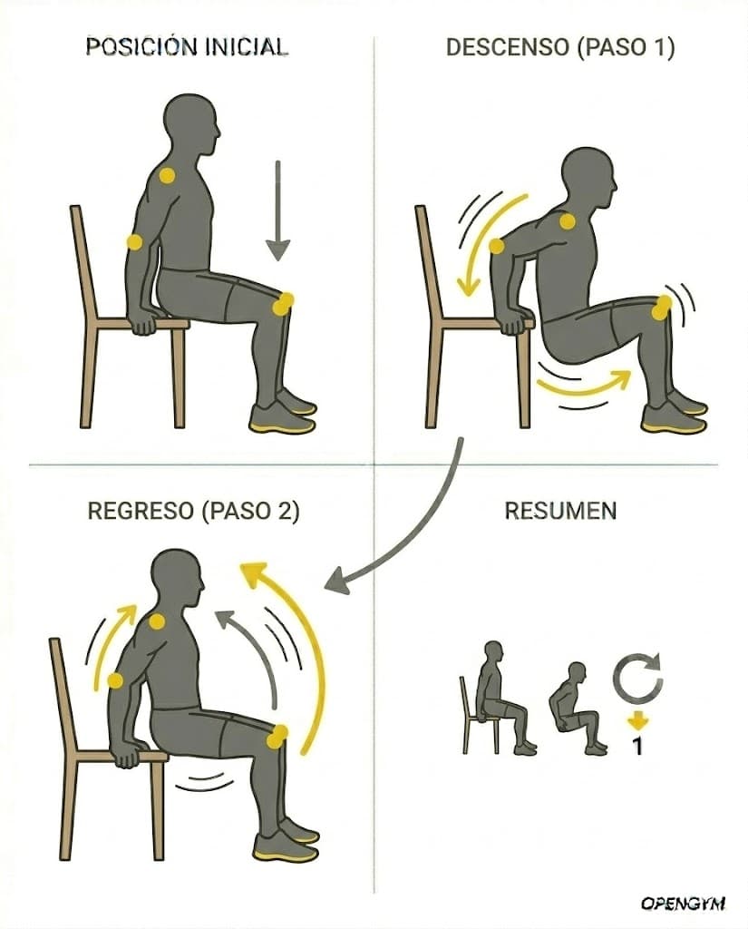 Fondos de tríceps en silla: codos flexionando hacia atrás con apoyos en el borde