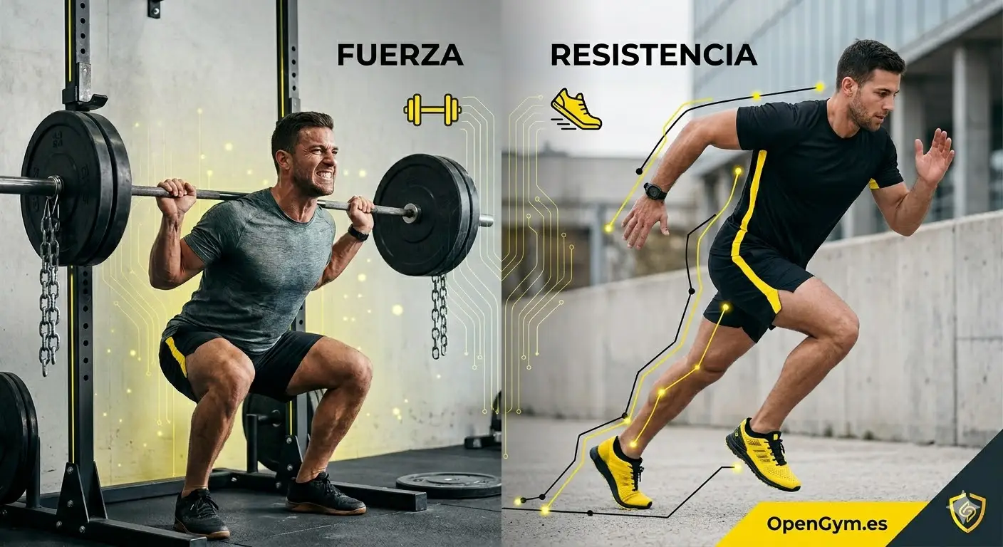 Composición visual de entrenamiento híbrido en OpenGym.es mostrando un atleta realizando sentadillas de fuerza y carrera de resistencia.