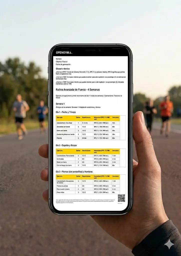Detalle del plan en PDF: ejercicios, series y notas de intensidad