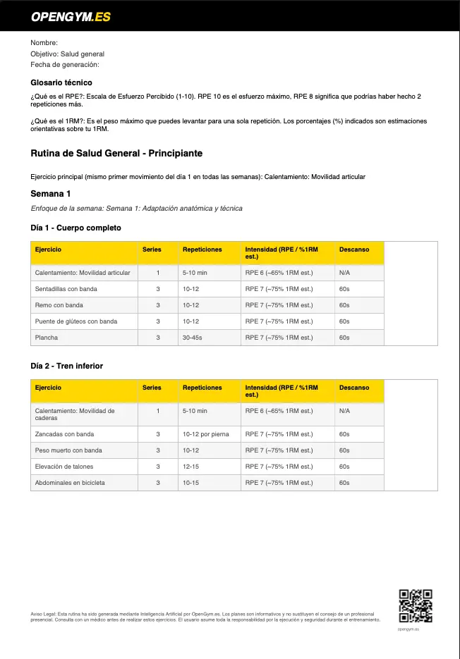 Vista del PDF del plan personalizado opengym.es