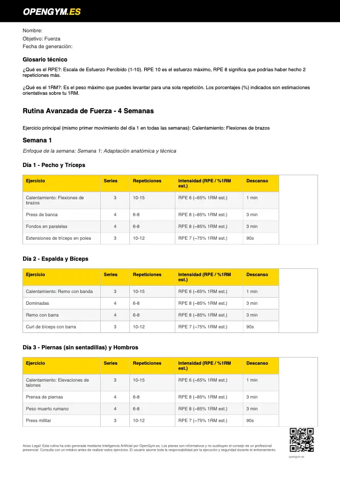 Detalle de semana y sesiones en el PDF